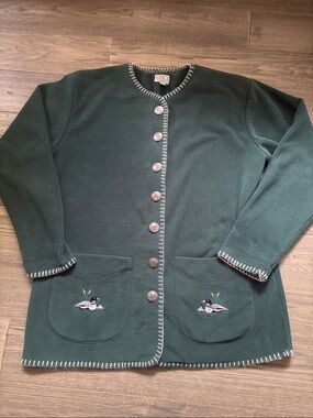 La Fugue | Vintage Forest Green Button Up Fleece Cardigan Duck Cottagecore XL